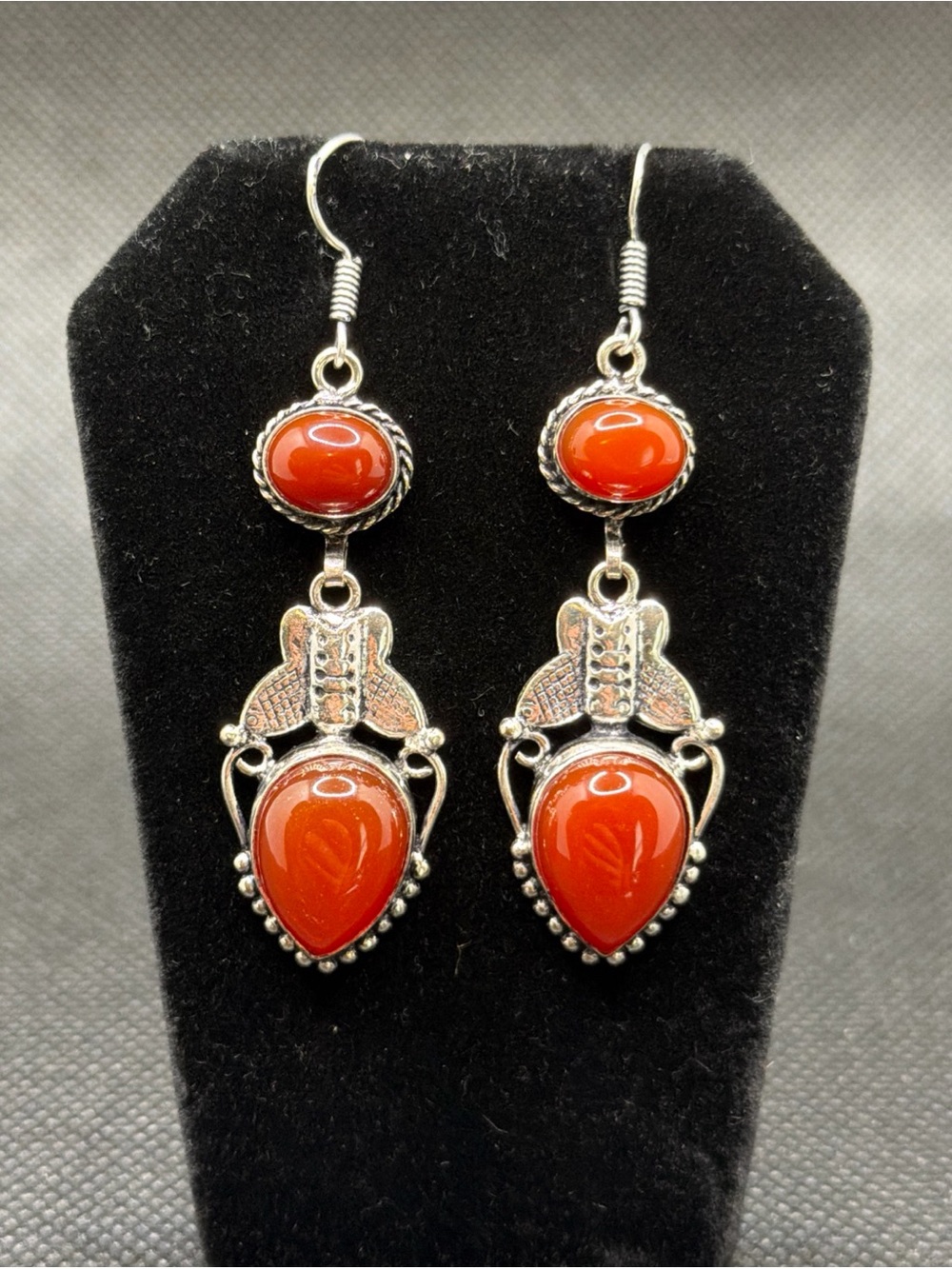 Artisan Carnelian Sterling Silver Butterfly Drop Earrings 2.4”